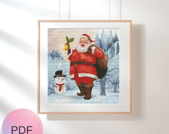 Santa Claus Cross Stitch Pattern , Christmas Tree  , Pdf Instant Download , Winter Landscape