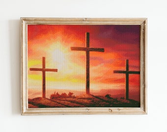 Religiöses Kreuzstichmuster, Christliches Kreuz und Sonnenuntergang, Jesus X Stitch, Instant Download, Berglandschaft