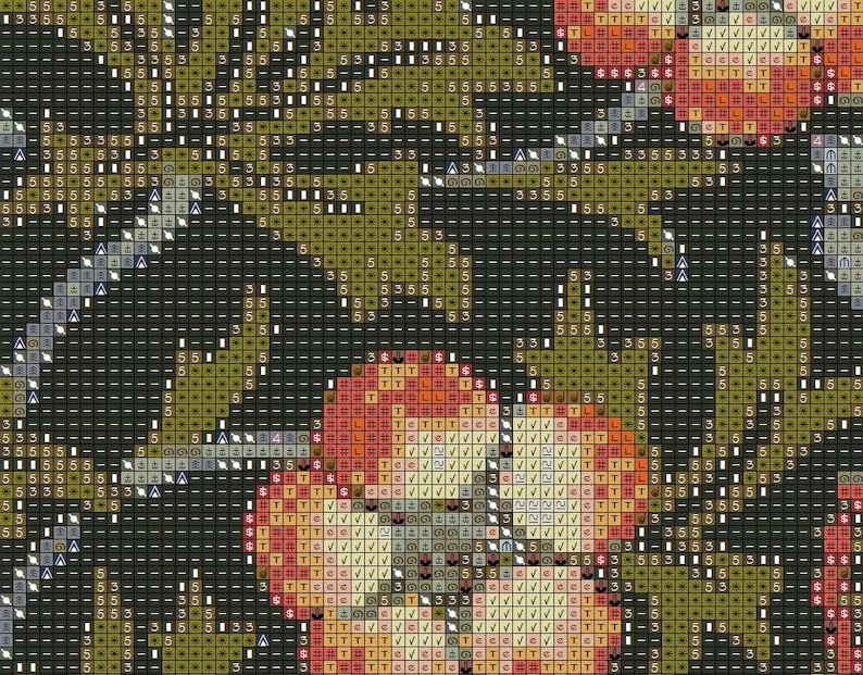 Puede incluir: Patr&oacute;n de punto de cruz con un dise&ntilde;o floral. El patr&oacute;n presenta flores rojas, naranjas y amarillas, hojas verdes y un fondo oscuro. El dise&ntilde;o est&aacute; hecho de peque&ntilde;as puntadas cuadradas.