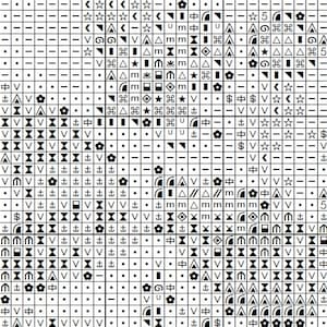 May include: Black and white pixel art pattern with various symbols including stars, arrows, and other geometric shapes.