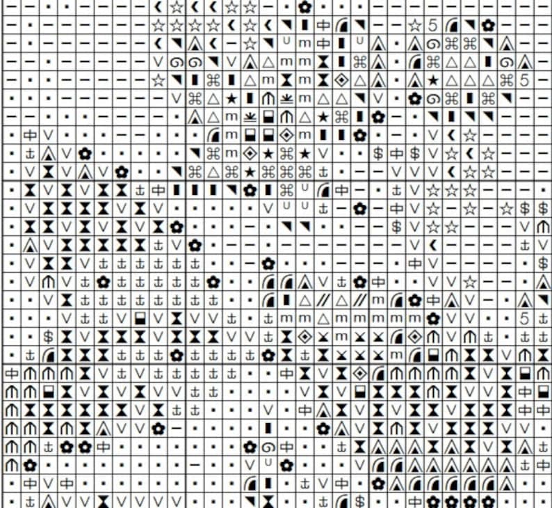 May include: Black and white pixel art pattern with various symbols including stars, arrows, and other geometric shapes.