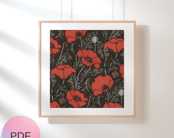 William Morris Cross Stitch Pattern  , Red Poppies , Famous Paintings X Stitch , Flower , Instant Download , Pdf  , Art