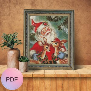 May include: A vintage Christmas card depicting Santa Claus with a red beard and hat, holding two deer with red bows. The card features a snowy background with green trees and snowflakes.