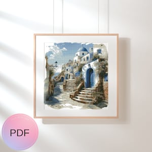 Santorini Cross Stitch Pattern , Watercolor,  Instant Download , Digital File , Pdf ,  Greece X Stitch Chart , Greek Island , Sea Landscape