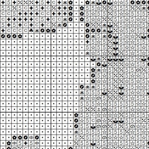 May include: Black and white cross stitch pattern chart with symbols for a design featuring flowers, stars, and other geometric shapes.