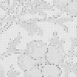 Puede incluir: Un gr&aacute;fico de patr&oacute;n de punto de cruz en blanco y negro. El gr&aacute;fico es una cuadr&iacute;cula de peque&ntilde;os cuadrados, cada uno con s&iacute;mbolos como n&uacute;meros, letras y caracteres especiales. El patr&oacute;n parece ser un dise&ntilde;o detallado para un proyecto de costura.