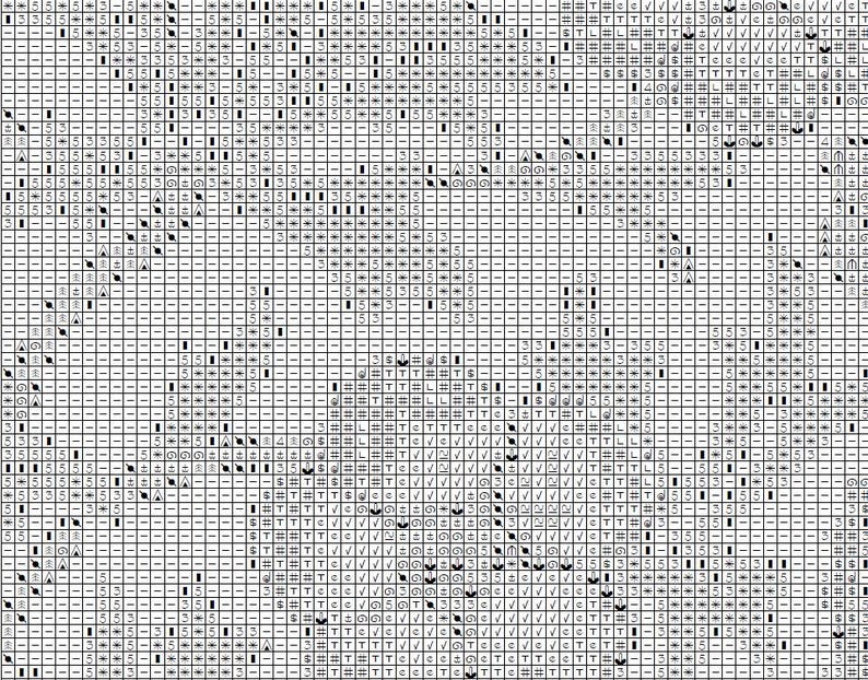 Puede incluir: Un gr&aacute;fico de patr&oacute;n de punto de cruz en blanco y negro. El gr&aacute;fico es una cuadr&iacute;cula de peque&ntilde;os cuadrados, cada uno con s&iacute;mbolos como n&uacute;meros, letras y caracteres especiales. El patr&oacute;n parece ser un dise&ntilde;o detallado para un proyecto de costura.