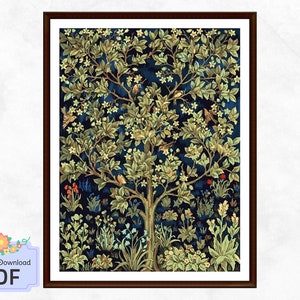 May include: A cross-stitch pattern featuring a detailed illustration of a tree with birds and flowers. The tree is surrounded by a variety of foliage and flowers in shades of green, blue, and yellow. The background is a dark blue.