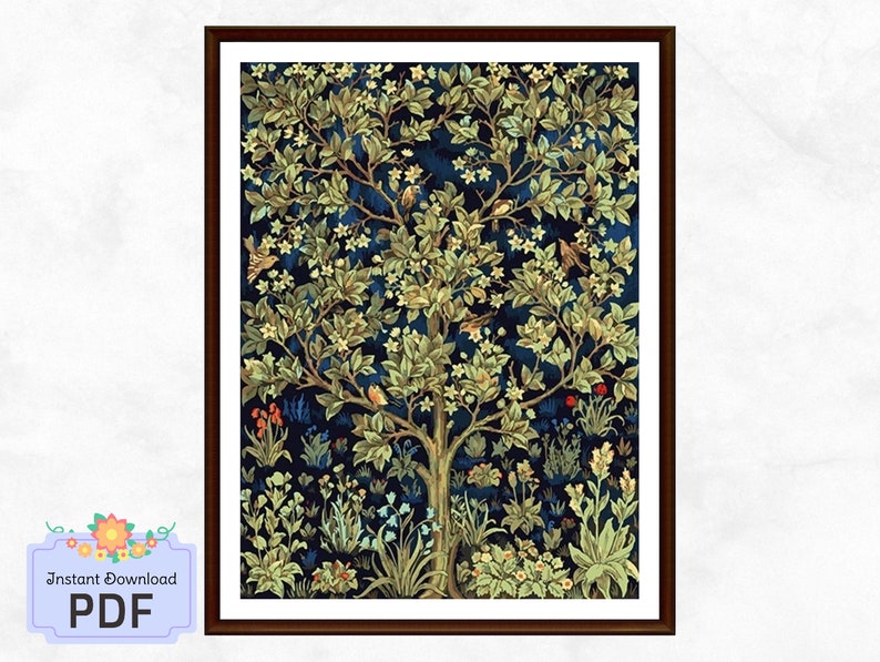 May include: A cross-stitch pattern featuring a detailed illustration of a tree with birds and flowers. The tree is surrounded by a variety of foliage and flowers in shades of green, blue, and yellow. The background is a dark blue.