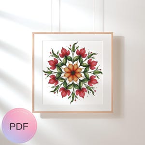 Patrón de punto de cruz con patrón de mandala floral, gráfico de puntadas en X de acuarela, descarga instantánea, PDF