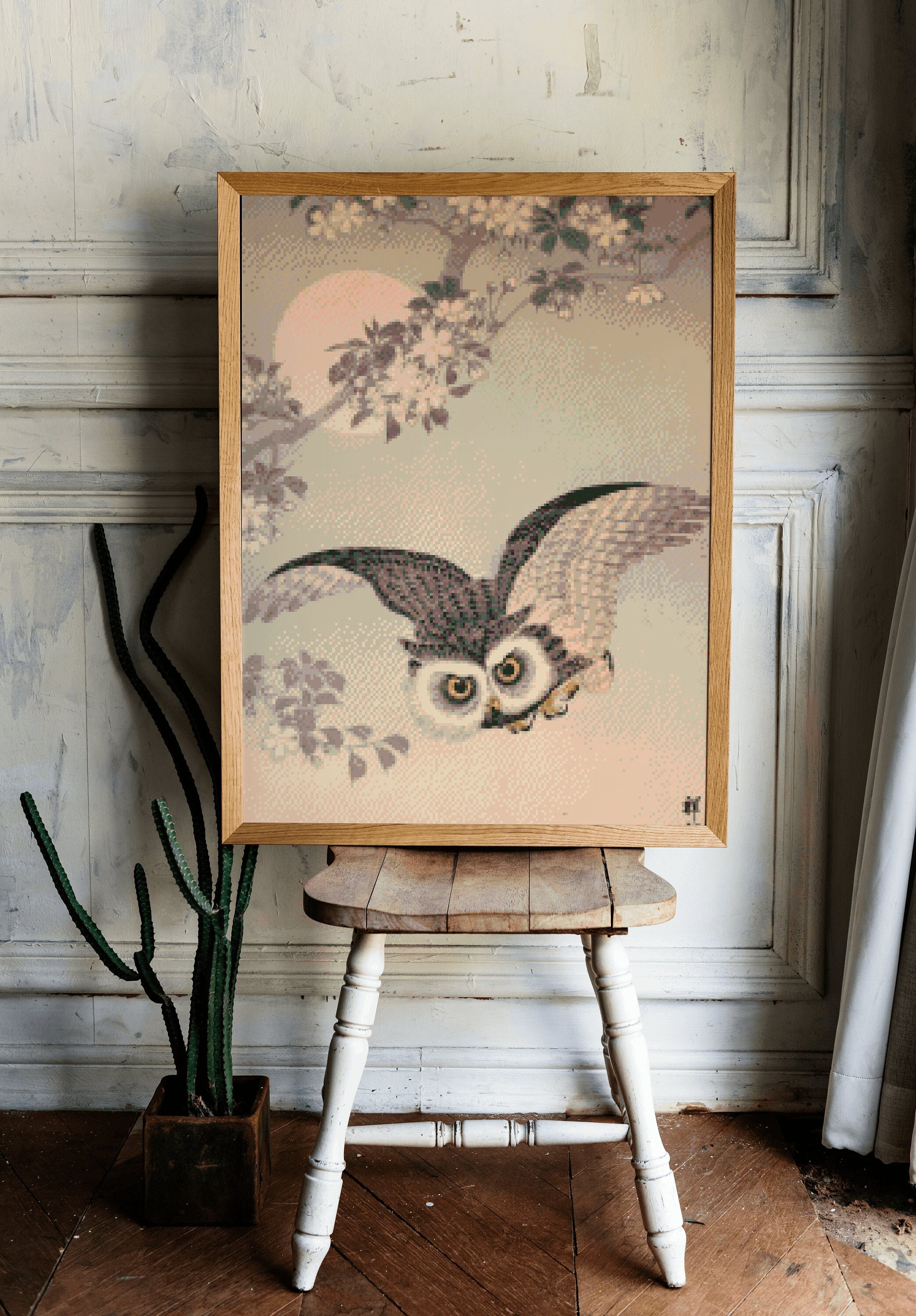 Owl Cross Stitch Pattern , Cherry Blossom ,Ohara Koson , Japanese Art , Pdf , Owl In Flight