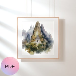 Tempel im Berg Kreuzstichmuster, Aquarell X Stichvorlage, Sofort Download, Pdf, Landschaft, Wald
