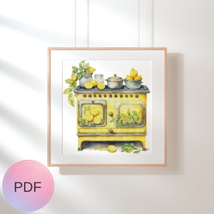 Peut inclure: Une peinture à l'aquarelle d'une cuisinière vintage jaune avec des citrons et des feuilles vertes sur le dessus. La cuisinière a deux fours et un design décoratif.