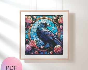 May include: A framed print featuring a stylized raven in a stained-glass window design. The artwork showcases a dark blue raven surrounded by pink roses and a blue and gold background. The frame is a light wood color.