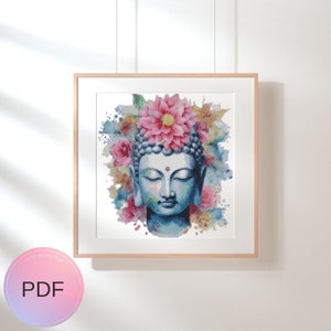 Buddha Head With Flowers Cross Stitch Pattern , Watercolor X Stitch Chart , Instant Download , Pdf , Meditation
