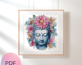 Buddha Head With Flowers Cross Stitch Pattern , Watercolor X Stitch Chart , Instant Download , Pdf , Meditation