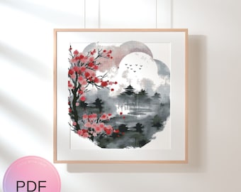 Asian Landscape Cross Stitch Pattern , Cherry Blossom , Watercolor, Instant Download , Digital File , Pdf