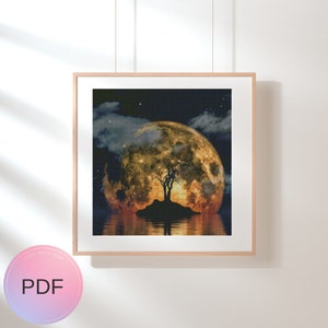 Halloween Cross Stitch Pattern , Spooky Tree With Full Moon , X Stitch Pdf