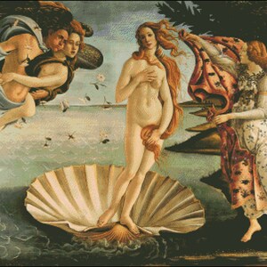 May include: A Renaissance painting depicting the birth of Venus. The goddess Venus is standing on a large seashell, emerging from the water. She is surrounded by figures, including a winged figure carrying a red drapery and a figure holding a flower.