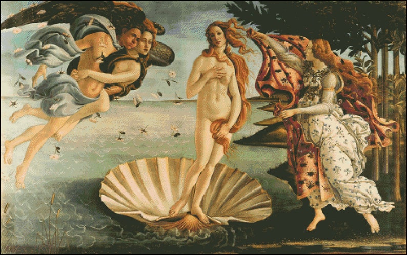 May include: A Renaissance painting depicting the birth of Venus. The goddess Venus is standing on a large seashell, emerging from the water. She is surrounded by figures, including a winged figure carrying a red drapery and a figure holding a flower.
