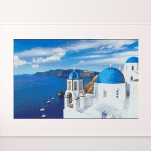Blue Santorini Cross Stitch Pattern , Instant Download , Digital File , Pdf ,  Greece X Stitch Chart , Greek Island , Sea Landscape