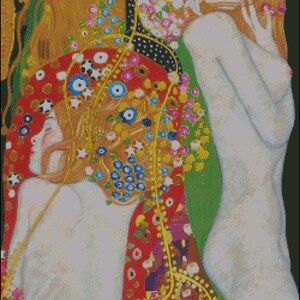 May include: A painting of three women with intricate details. The women are depicted in a stylized, almost abstract manner, with their bodies intertwined and their faces partially obscured. The background is a vibrant mix of colors and patterns, including flowers, leaves, and geometric shapes. The painting is a classic example of Art Nouveau style.