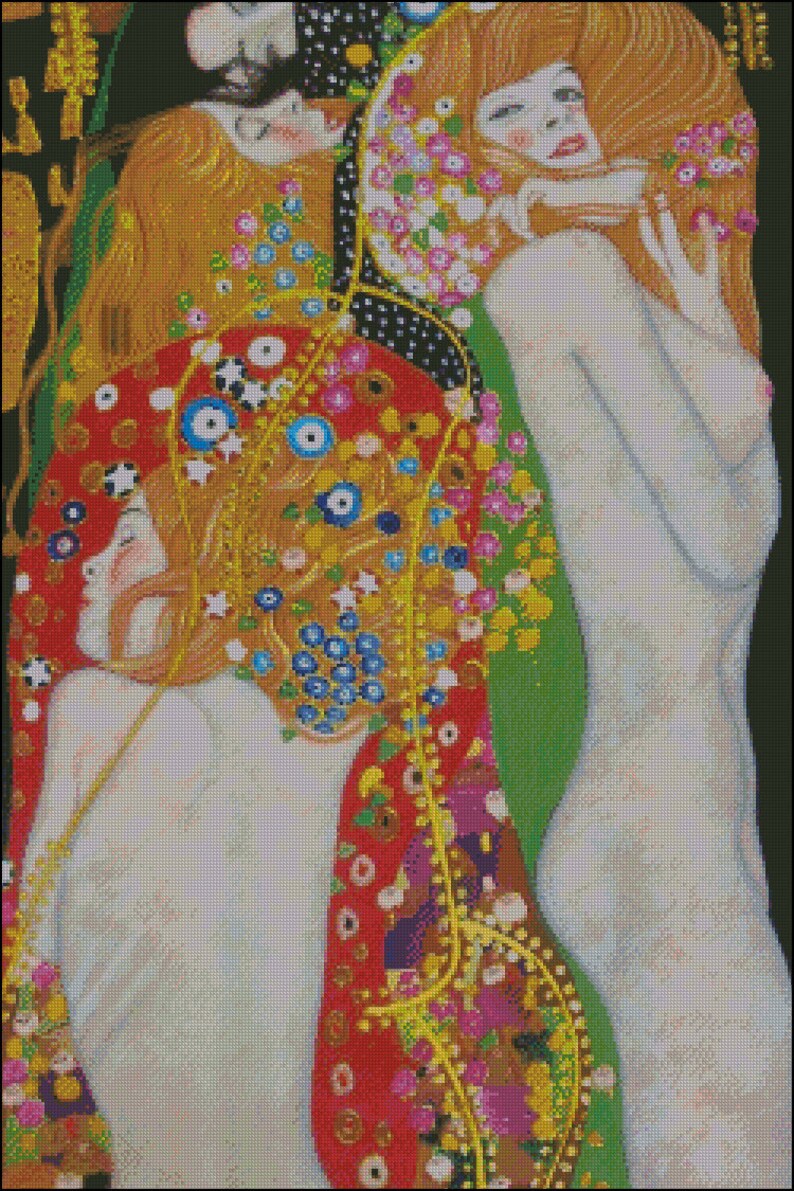 May include: A painting of three women with intricate details. The women are depicted in a stylized, almost abstract manner, with their bodies intertwined and their faces partially obscured. The background is a vibrant mix of colors and patterns, including flowers, leaves, and geometric shapes. The painting is a classic example of Art Nouveau style.