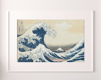 富士山と波のモノクロ掛軸 神奈川沖浪裏のクロスステッチパターン、日本美術、富士山（PDF