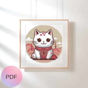 Lucky Cat Cross Stitch Pattern , Watercolor X Stitch Chart , Instant Download , Pdf