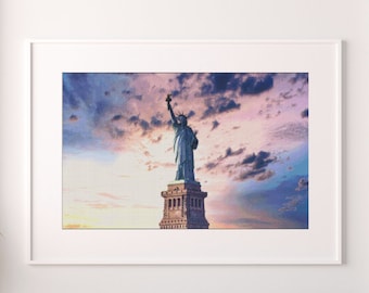 Patrón de punto de cruz de la Estatua de la Libertad, descarga instantánea, archivo digital, cielo al atardecer, Lady Liberty, Nueva York, X Stitch Supplies