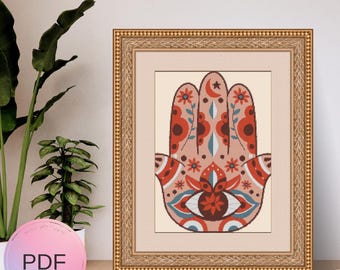 Schema punto croce mano di Hamsa, schema punto X acquerello, download immediato, PDF, mano di Fatima
