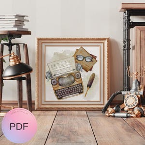 Può includere: Un'illustrazione ad acquerello di una macchina da scrivere vintage con un foglio di carta, occhiali e una penna. L'illustrazione è incorniciata in una cornice dorata ed esposta su una superficie in legno.