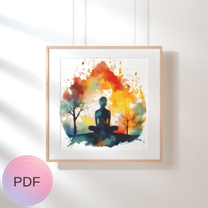 May include: A digital painting of a person meditating in a colorful watercolor circle. The circle is filled with shades of orange, yellow, green, and blue, and there are two trees on either side of the person. The person is in a silhouette, and the background is white.
