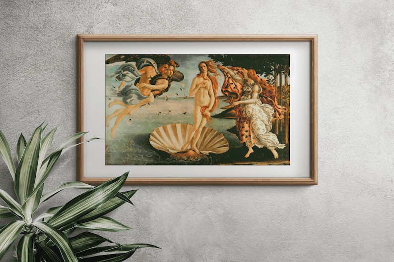 May include: A painting depicting the birth of Venus, a famous Renaissance artwork. The painting features a nude woman standing on a large seashell, with two figures in the background. The woman is surrounded by clouds and flowers, and the background is a landscape with trees and water.