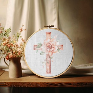 Cross With Flower Cross Stitch Pattern , Pdf , X Stitch Chart , Water Color, Instant Download , Digital File , Religious, Christian