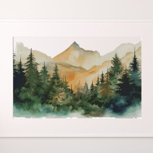 Berg Und Bäume Kreuzstich Muster, Aquarell X Stichvorlage, Sofort Download, Pdf, Landschaft