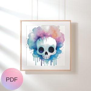 Schedel kruissteekpatroon, aquarel X Stitch Chart, Instant Download, Pdf, Dia de los Muertos, Halloween, Dag van de Doden, Suikerschedel