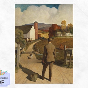 Puede incluir: Un hombre con un traje marr&oacute;n camina por un camino de tierra hacia una granja en la distancia. La granja es blanca con un techo rojo y un silo. El camino est&aacute; bordeado de &aacute;rboles y hay un perro corriendo en primer plano.