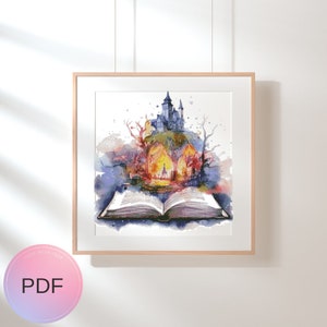 May include: Watercolor art print of a castle atop a hill, emerging from an open book. The artwork features a fantasy theme with vibrant colors, including blues, oranges, and reds. The framed print includes the text "PDF" on a pink circle.