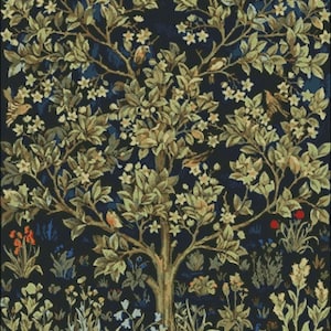 May include: A tapestry featuring a detailed depiction of a tree with green leaves and white flowers. The tree is surrounded by a variety of smaller plants and flowers in shades of blue, green, and red. The background is a dark blue color.