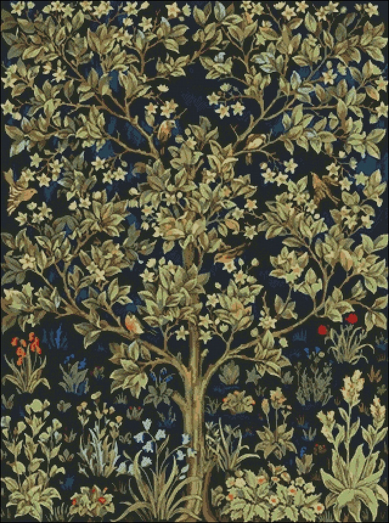 May include: A tapestry featuring a detailed depiction of a tree with green leaves and white flowers. The tree is surrounded by a variety of smaller plants and flowers in shades of blue, green, and red. The background is a dark blue color.