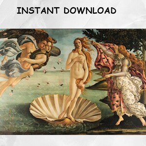 May include: A painting depicting the birth of Venus, a famous Renaissance artwork. The painting features a nude woman standing on a large seashell, with a winged figure and a draped figure in the background. The painting is set against a backdrop of a blue sky and a green landscape.