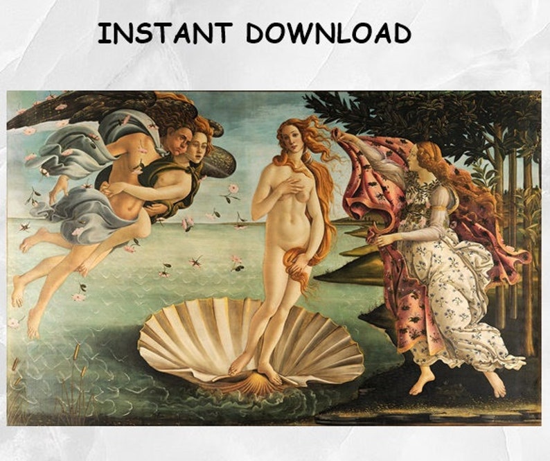 May include: A painting depicting the birth of Venus, a famous Renaissance artwork. The painting features a nude woman standing on a large seashell, with a winged figure and a draped figure in the background. The painting is set against a backdrop of a blue sky and a green landscape.
