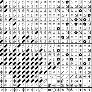 May include: A black and white cross stitch pattern featuring a range of symbols, including flowers, arrows, and anchors. The pattern is on a white background and is ready to be stitched.
