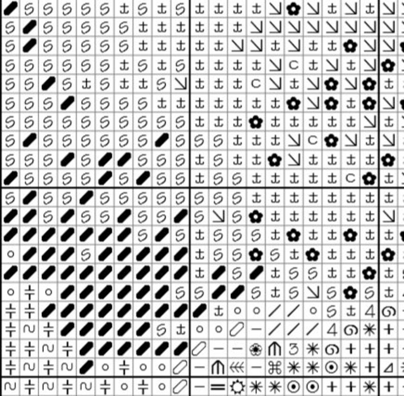 May include: A black and white cross stitch pattern featuring a range of symbols, including flowers, arrows, and anchors. The pattern is on a white background and is ready to be stitched.
