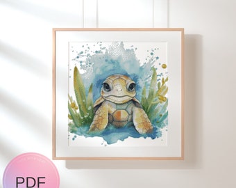 Patrón de punto de cruz de tortuga marina bebé, gráfico de punto X de acuarela, descarga instantánea, PDF, vida silvestre, tortuga acuática, vida marina