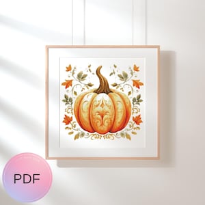 Pumpkin With Autumn Leaves Cross Stitch Pattern , Watercolor X Stitch Chart , Instant Download , Pdf, Halloween