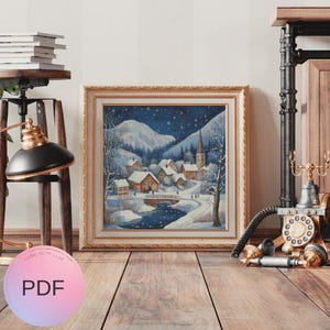 Winter Village Cross Stitch Pattern, Watercolor  X Stitch Chart , Instant Download, Pdf, Christmas Village, Snowy