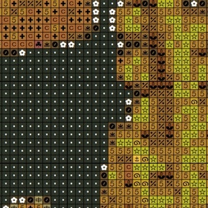 May include: A close-up of a cross-stitch pattern with a variety of colors, including brown, yellow, and white. The pattern features a variety of symbols, including stars, flowers, and other geometric shapes.