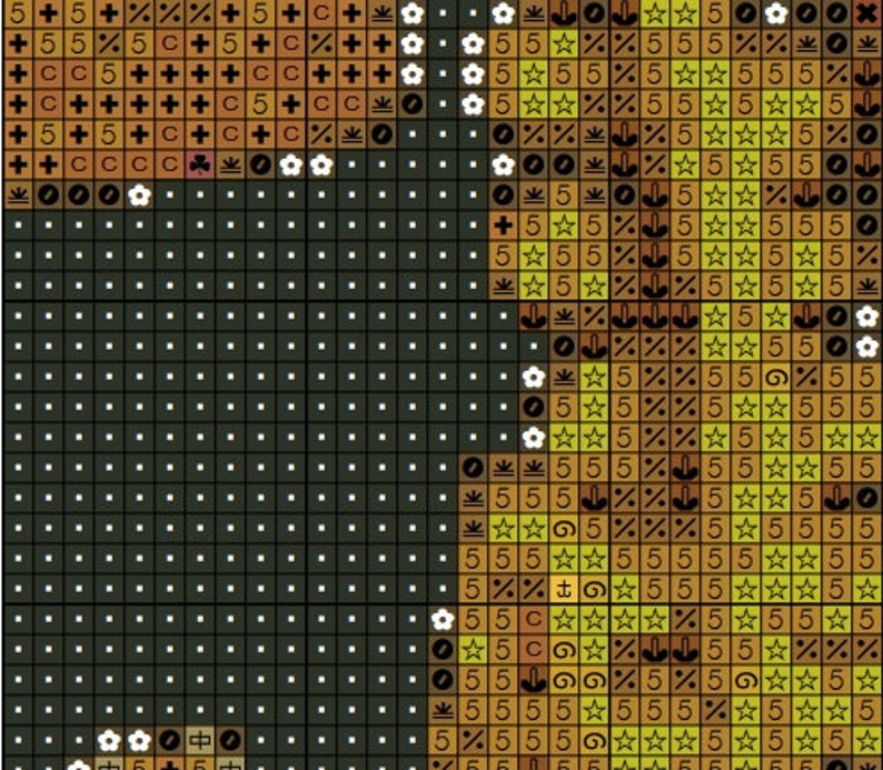 May include: A close-up of a cross-stitch pattern with a variety of colors, including brown, yellow, and white. The pattern features a variety of symbols, including stars, flowers, and other geometric shapes.